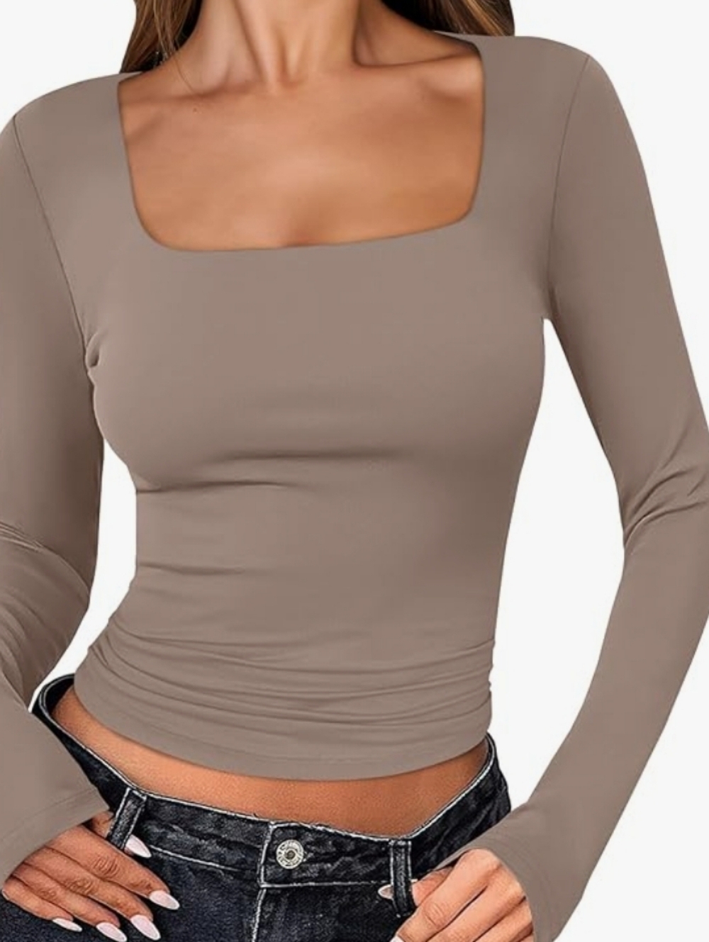 ANRABESS Women Double Lined Long Sleeve Crop Tops Square Neck